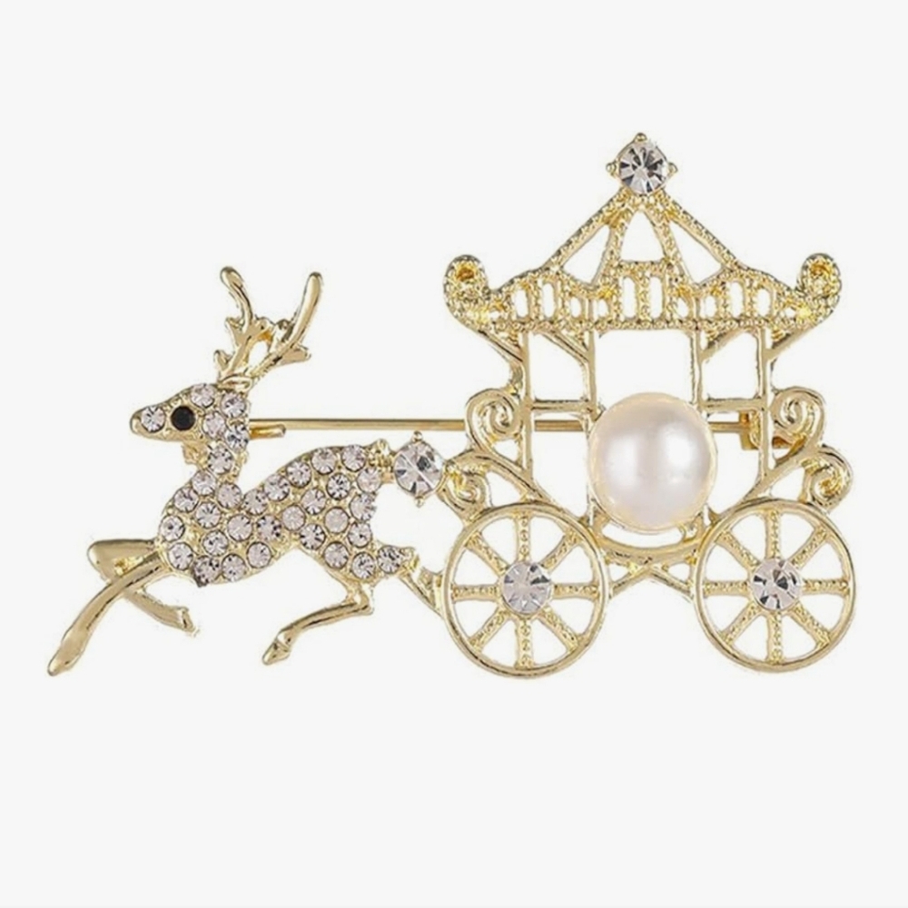 Reindeer Carriage Rhinestone Pearl Gold Brooch Pin